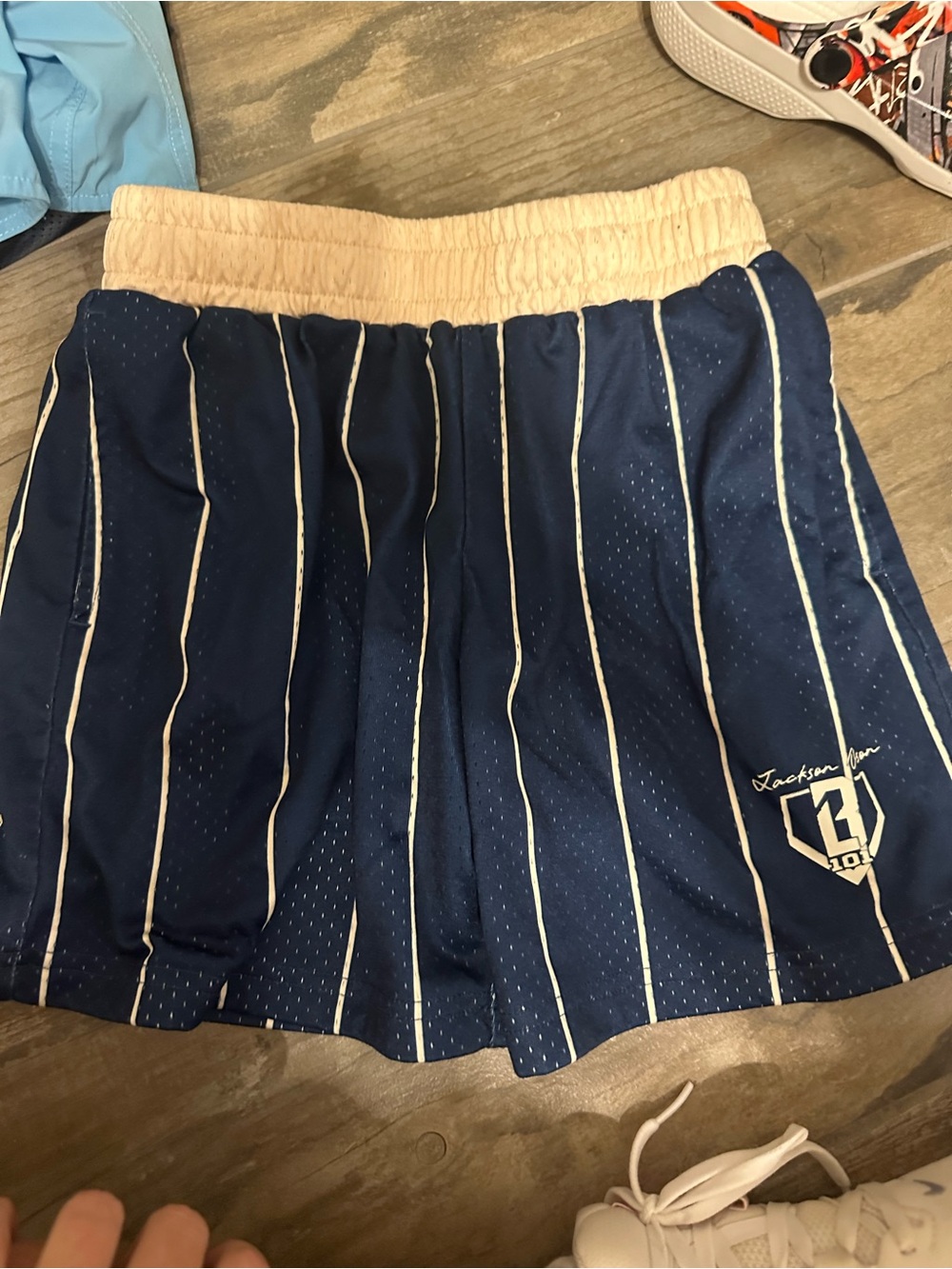 Rothco Navy Blue Athletic Shorts with Cream Pinstripes